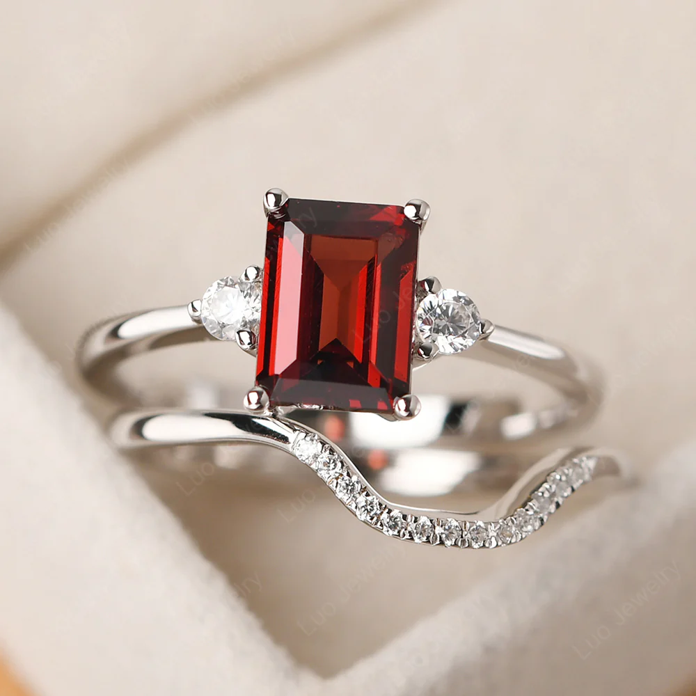 Garnet Emerald Cut Ring with Band - Image 2