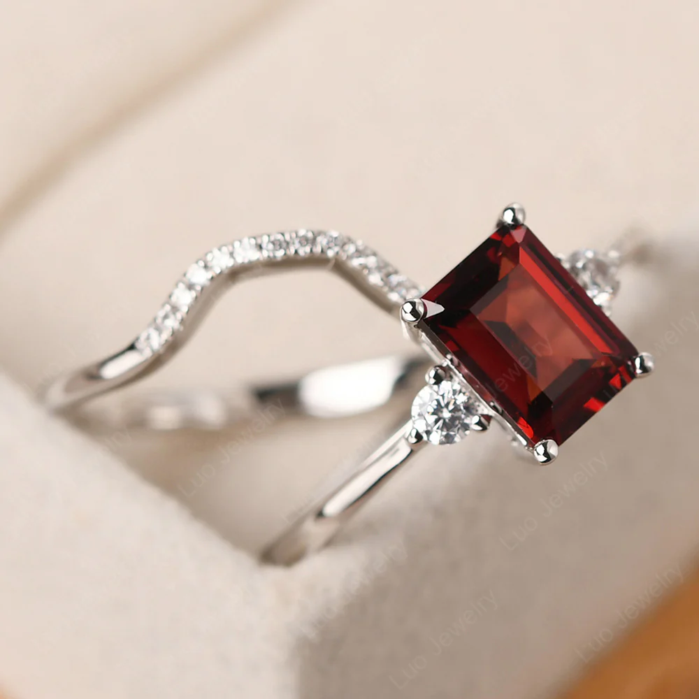 Garnet Emerald Cut Ring with Band - Image 3