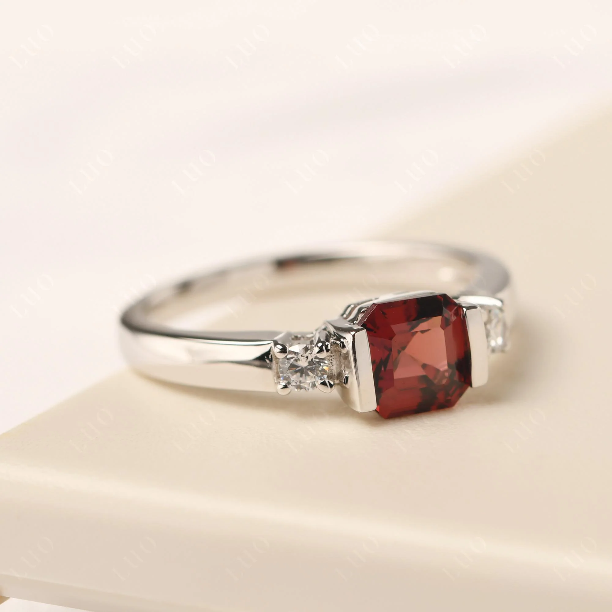 Garnet Half Bezel Set Asscher Cut Ring - Image 11
