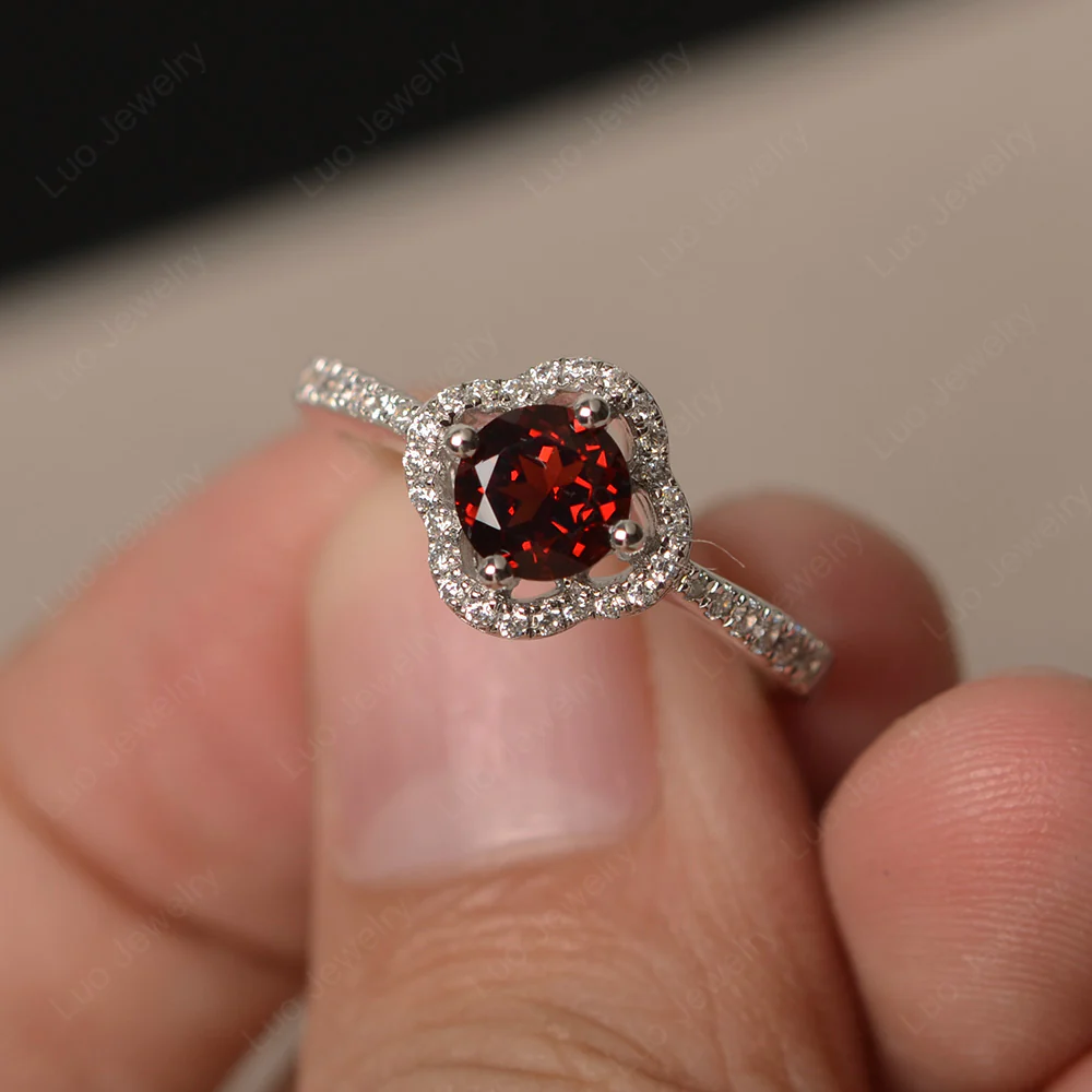 Garnet Halo Flower Engagement Ring