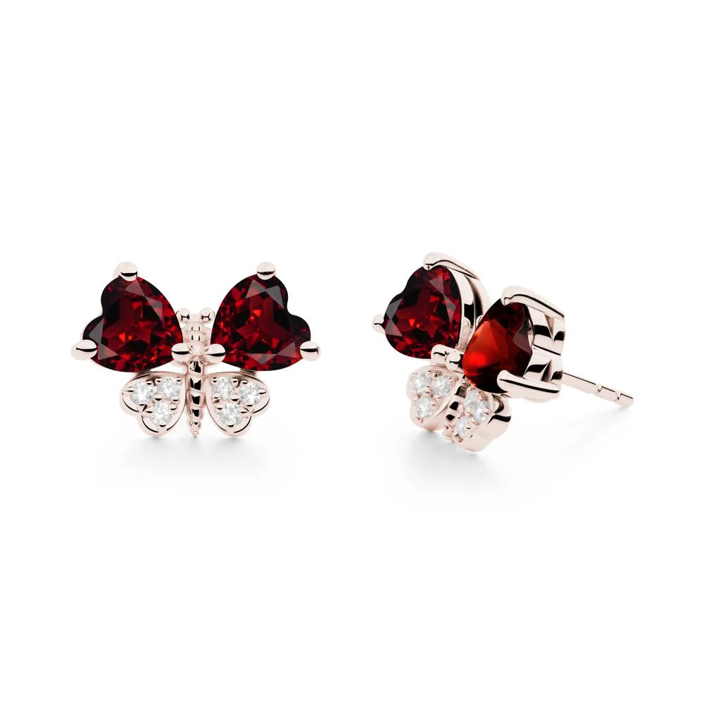 Garnet Heart Shaped Wings Butterfly Stud Earrings - Image 3
