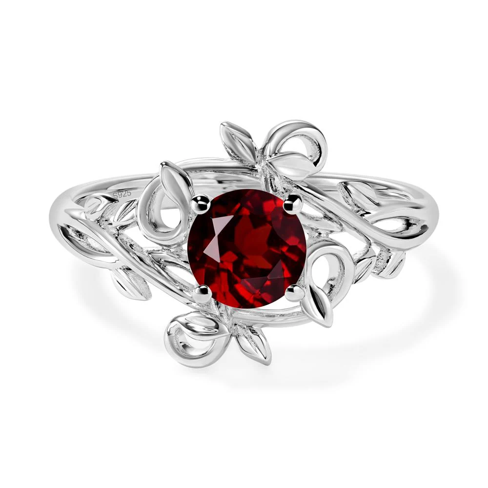 Round Cut Garnet Leaf Ring