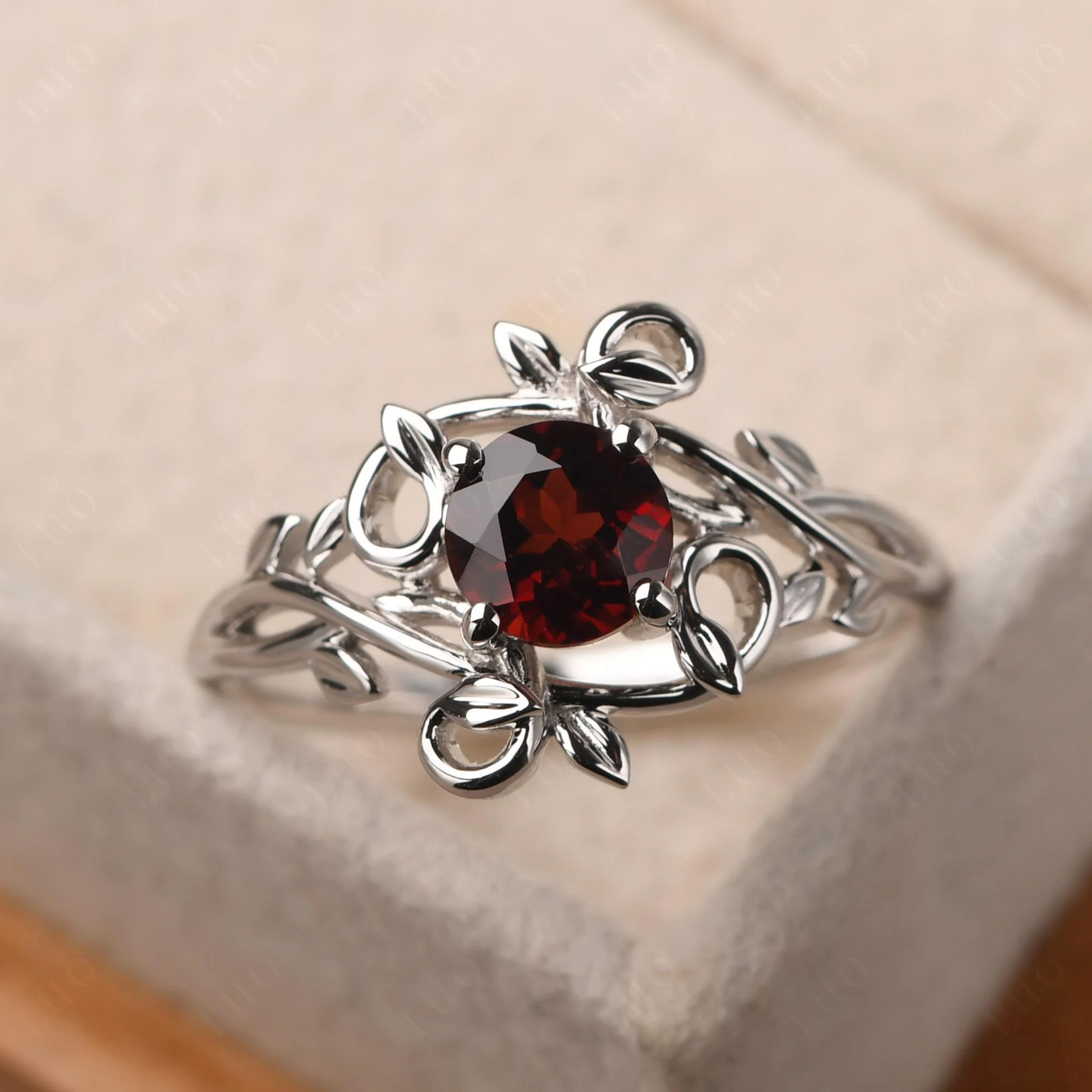 Round Cut Garnet Leaf Ring - Image 10