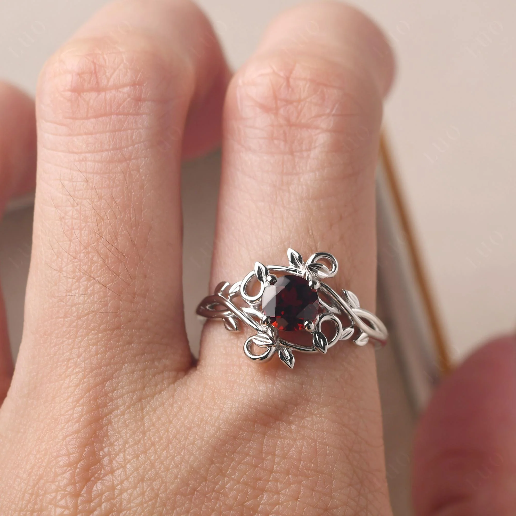 Round Cut Garnet Leaf Ring - Image 14