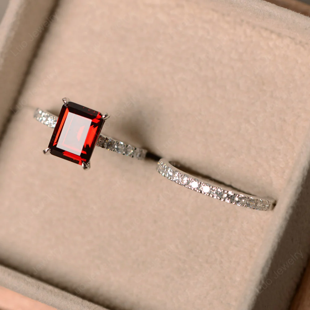Garnet Emerald Cut Wedding Ring Sets - Image 3