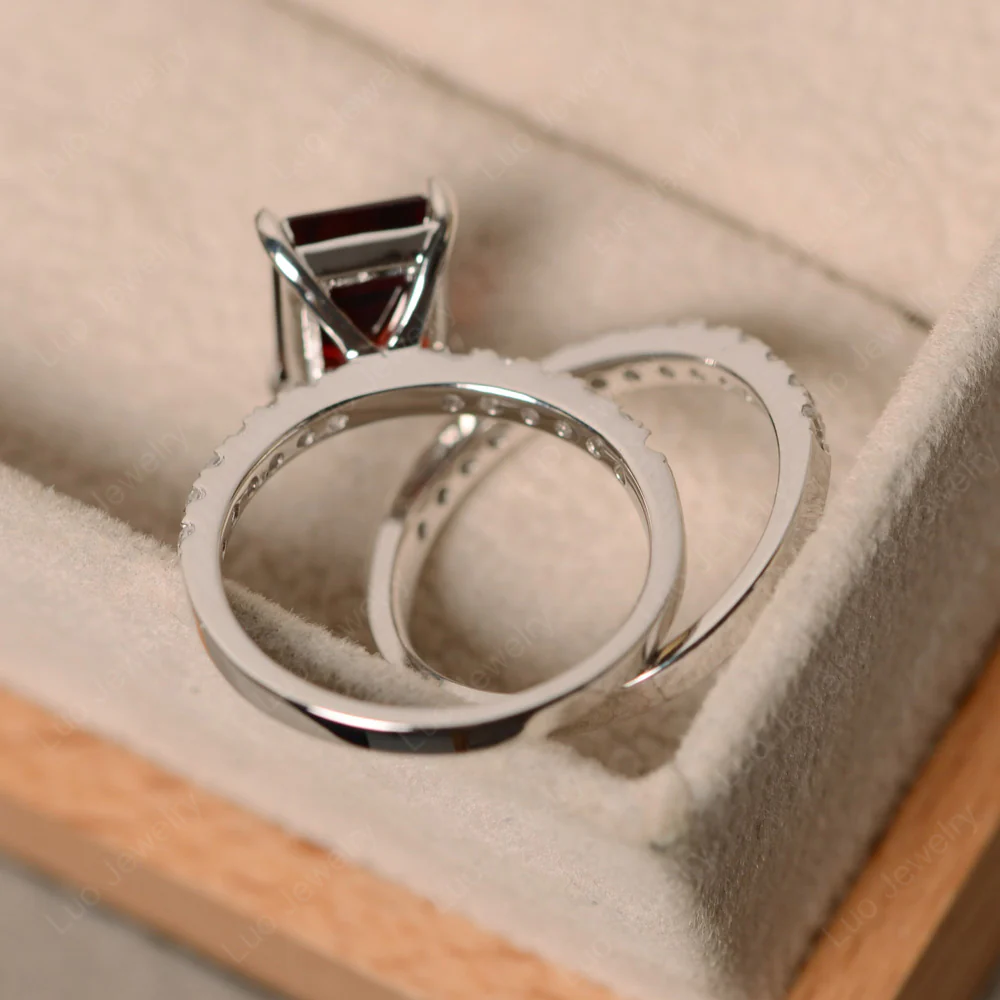 Garnet Emerald Cut Wedding Ring Sets - Image 4
