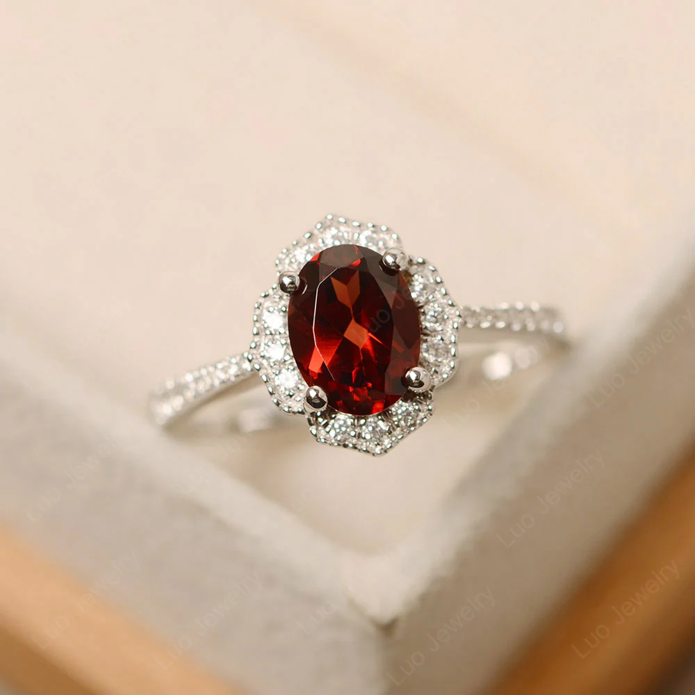 Milgrain Halo Garnet Engagement Ring