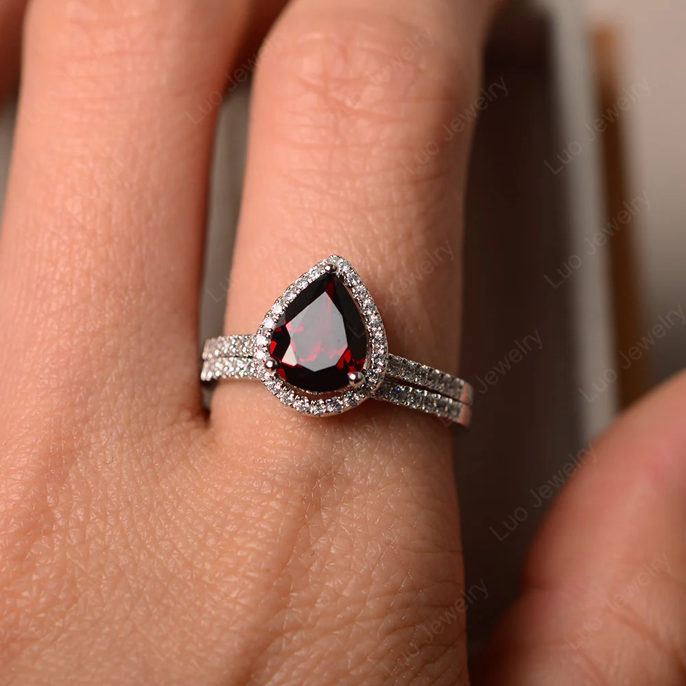 Garnet Pear Engagement Ring with Wedding Band - Image 3