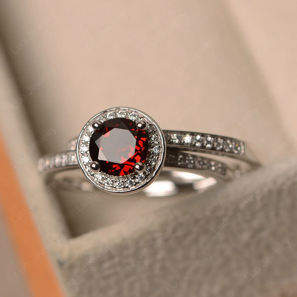 Round Cut Garnet Halo Bridal Set Ring