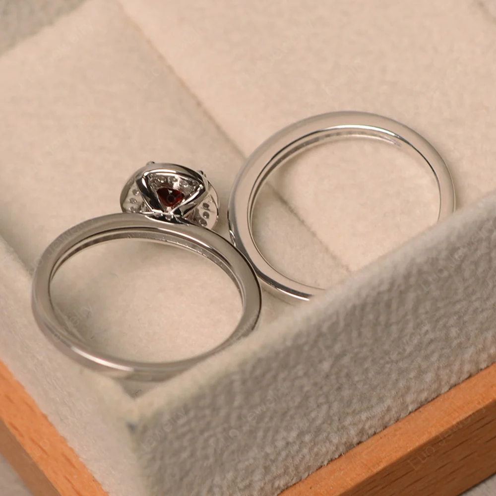 Round Cut Garnet Halo Bridal Set Ring - Image 3