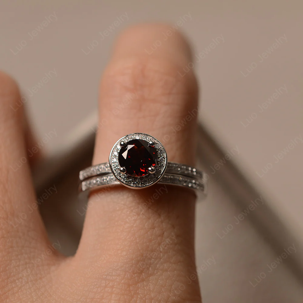 Round Cut Garnet Halo Bridal Set Ring - Image 4