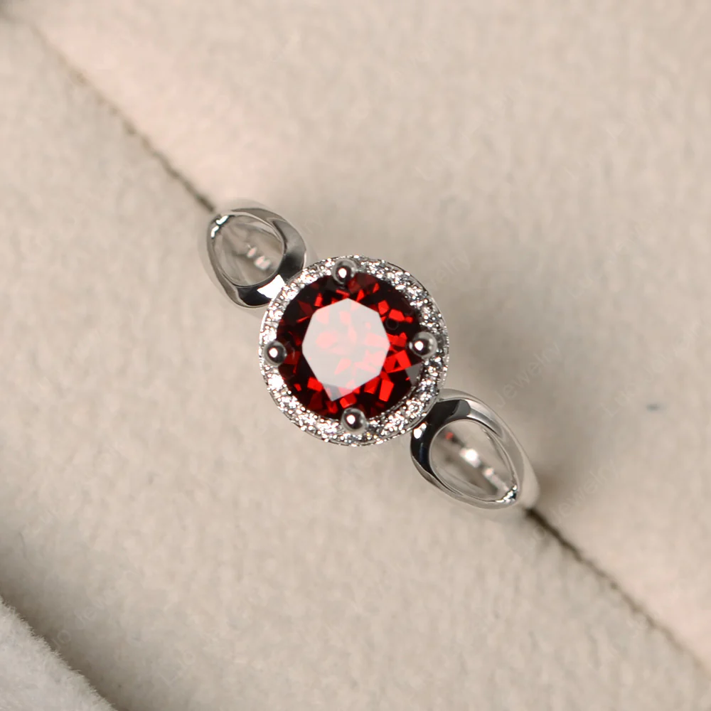 Garnet Halo Engagement Ring Split Shank