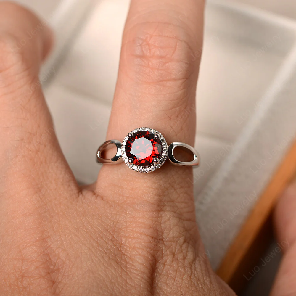 Garnet Halo Engagement Ring Split Shank - Image 4