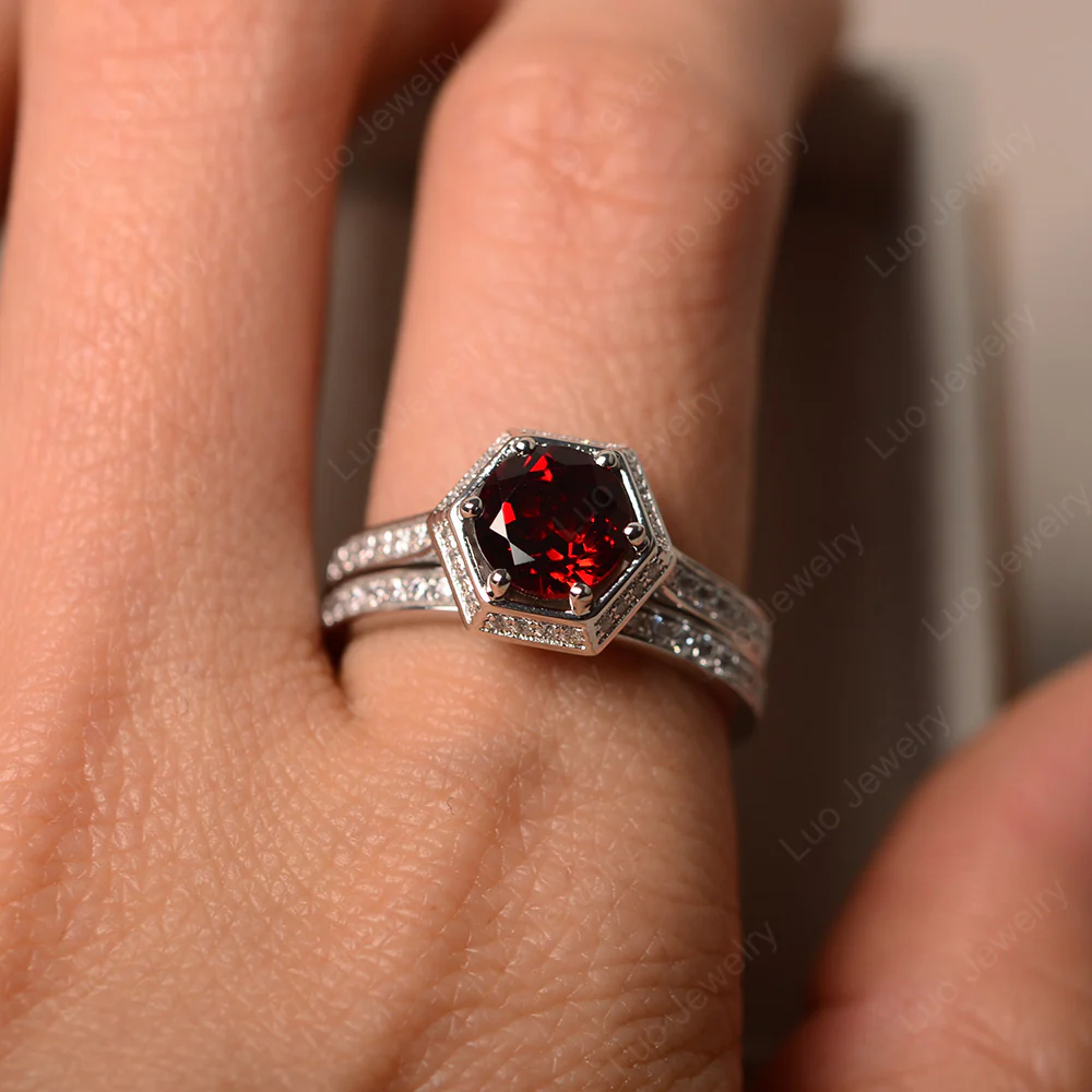Garnet Engagement and Wedding Ring Set - Image 5