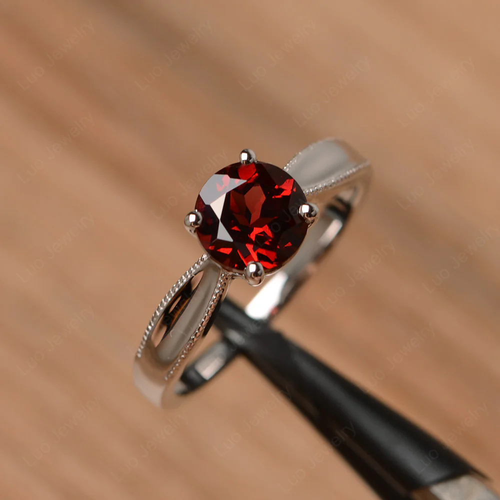 Garnet Solitaire Milgrain Engagement Ring