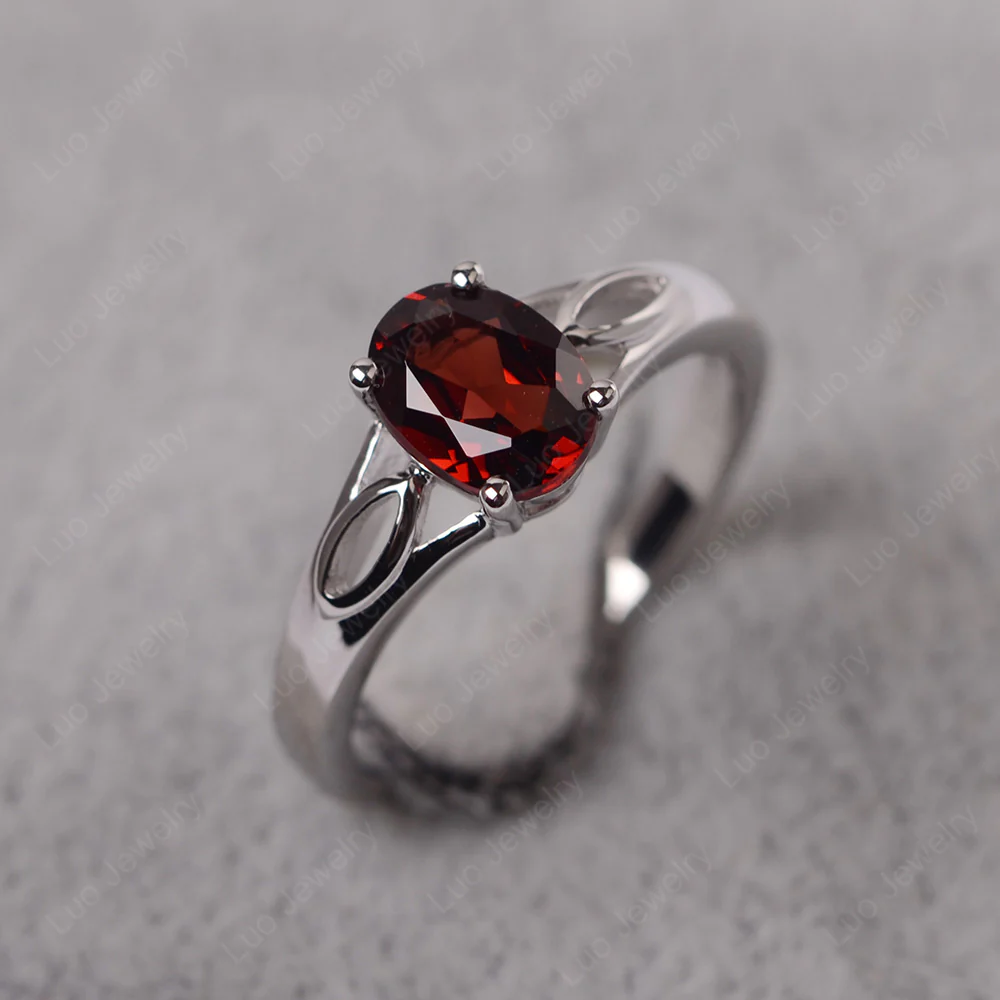 Oval Garnet Solitaire Split Shank Ring - Image 2