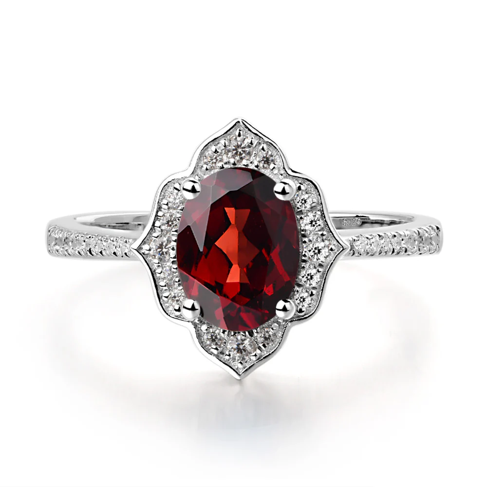 Oval Garnet Floral Halo Engagement Ring