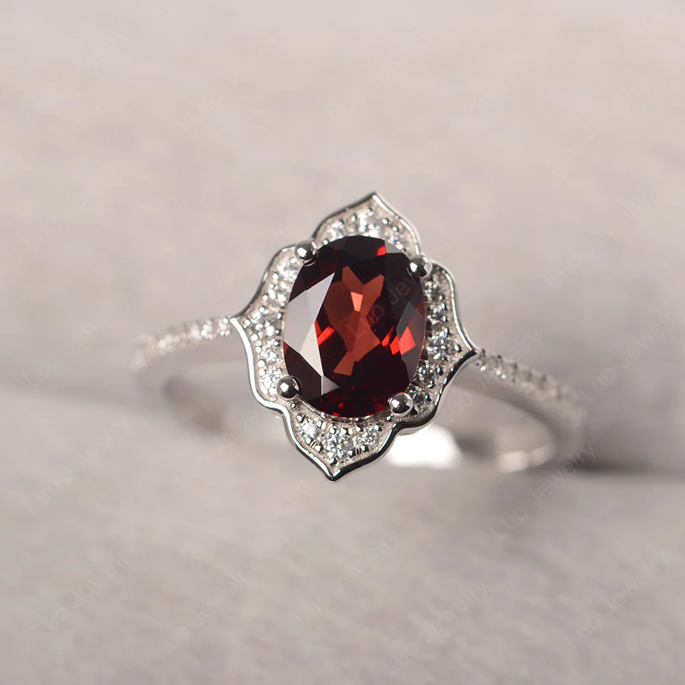 Oval Garnet Floral Halo Engagement Ring - Image 2