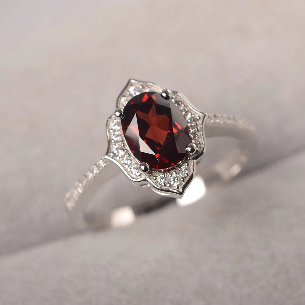 Oval Garnet Floral Halo Engagement Ring - Image 3