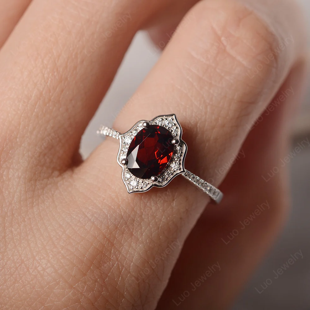 Oval Garnet Floral Halo Engagement Ring - Image 6