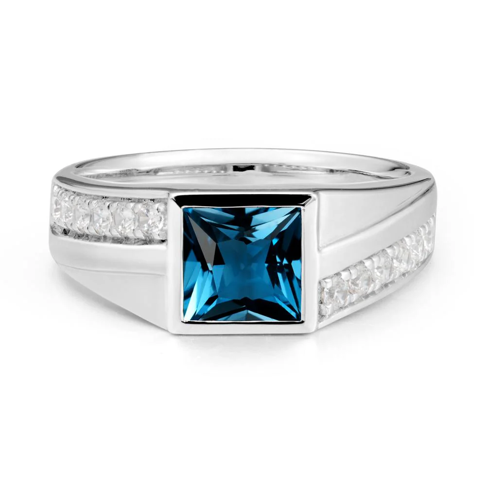 Geometric Men Wide Band London Blue Topaz Ring