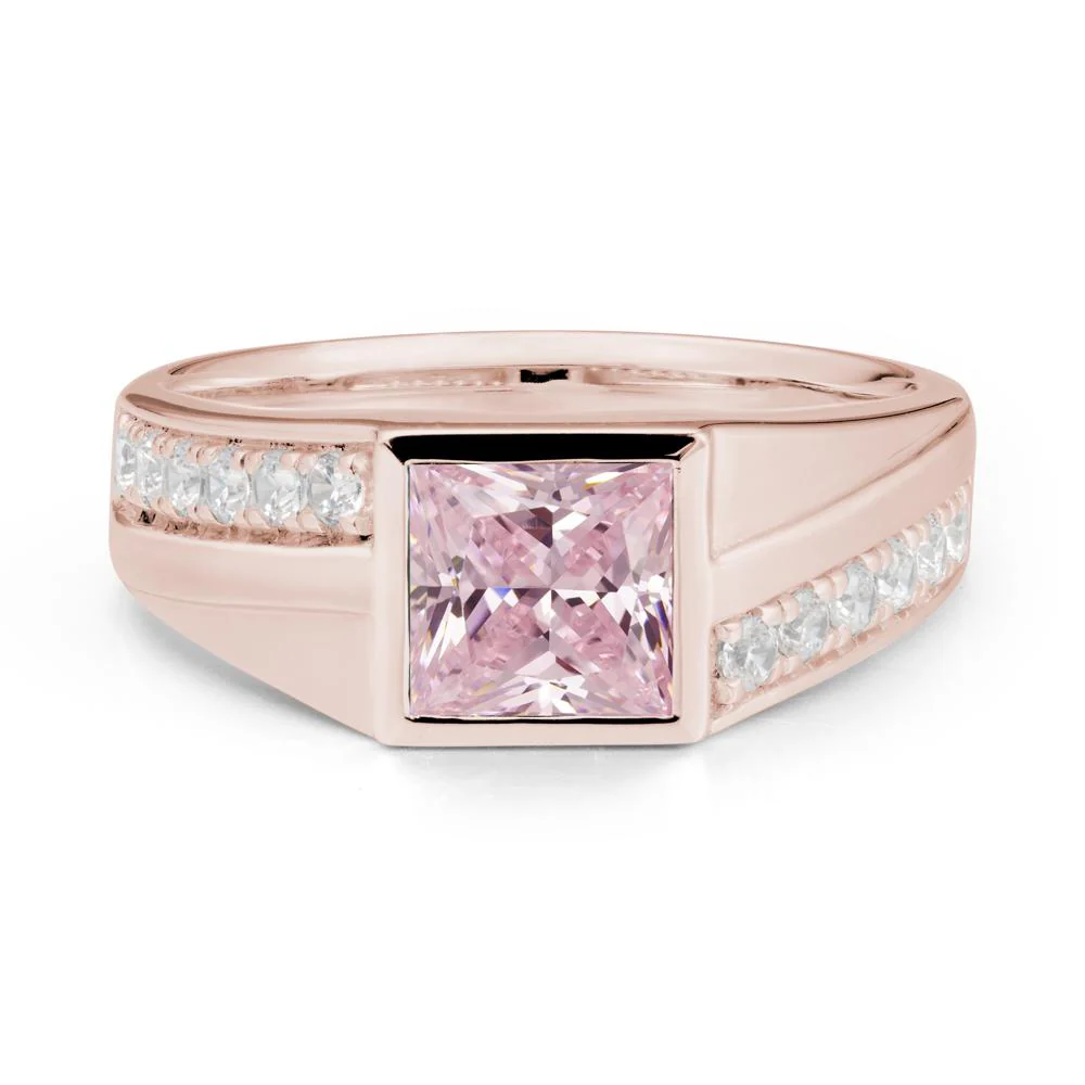 Geometric Men Wide Band Pink Cubic Zirconia Ring