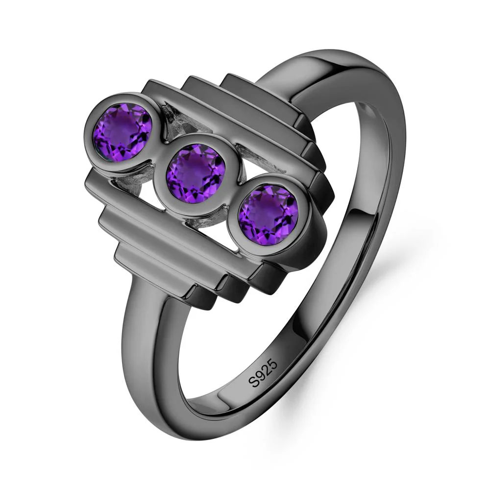 Geometric Round Amethyst Three Stone Ring