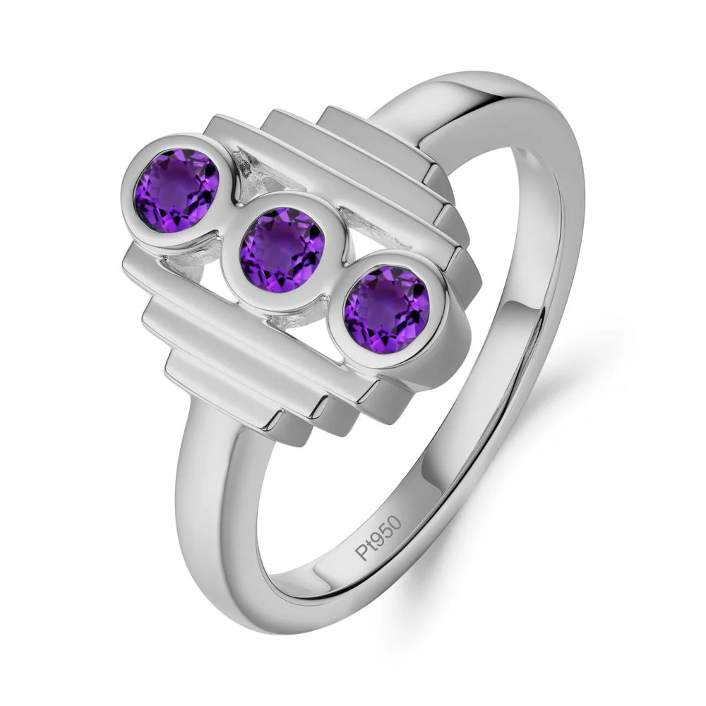 Geometric Round Amethyst Three Stone Ring - Image 2