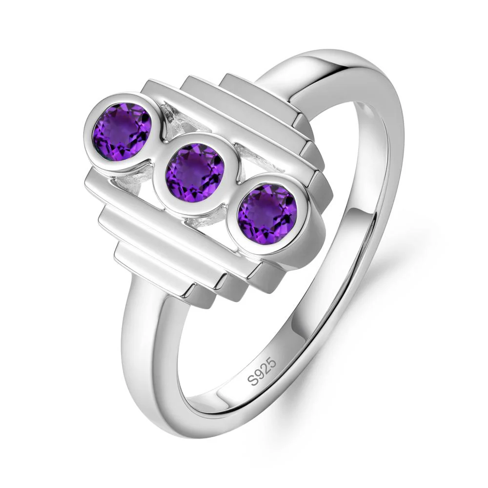 Geometric Round Amethyst Three Stone Ring - Image 6