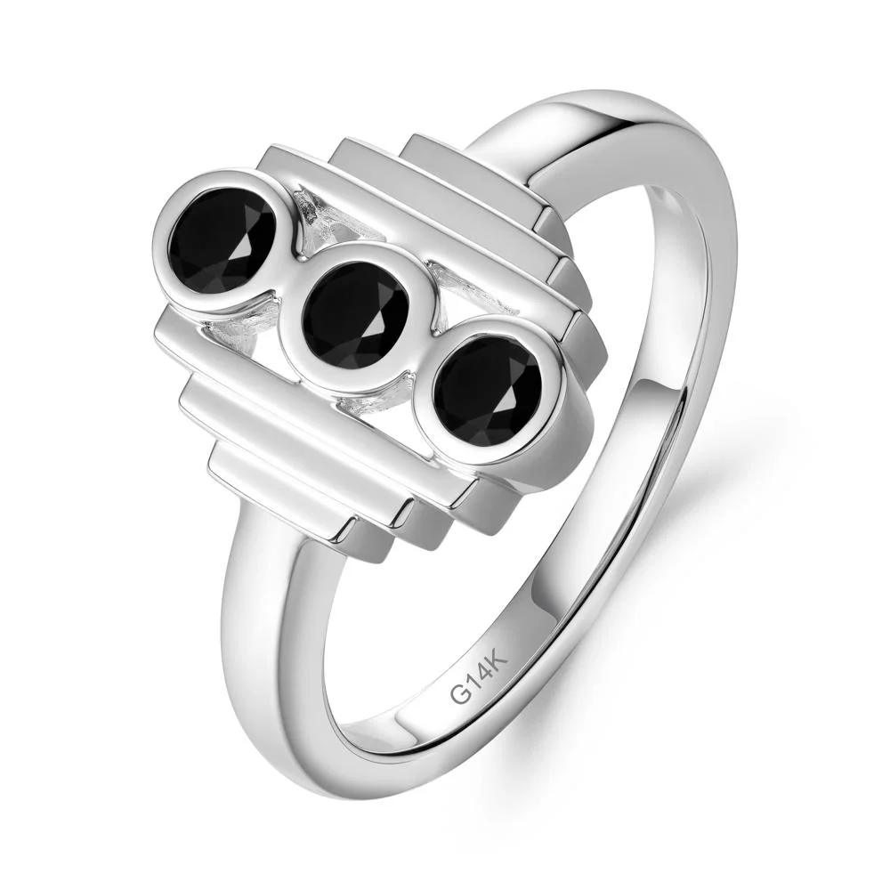 Geometric Round Black Spinel Three Stone Ring - Image 5