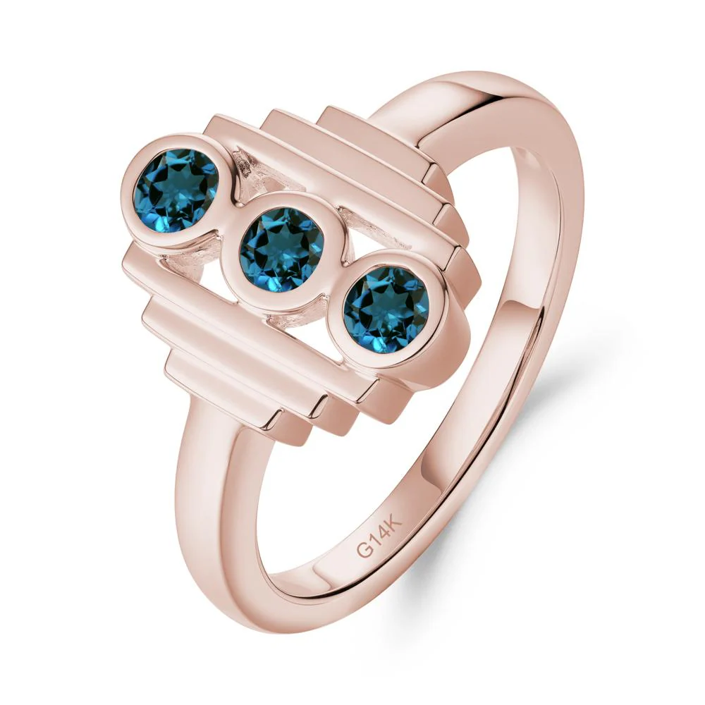 Geometric Round London Blue Topaz Three Stone Ring