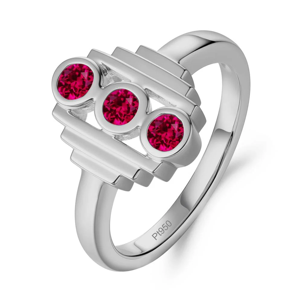 Geometric Round Ruby Three Stone Ring
