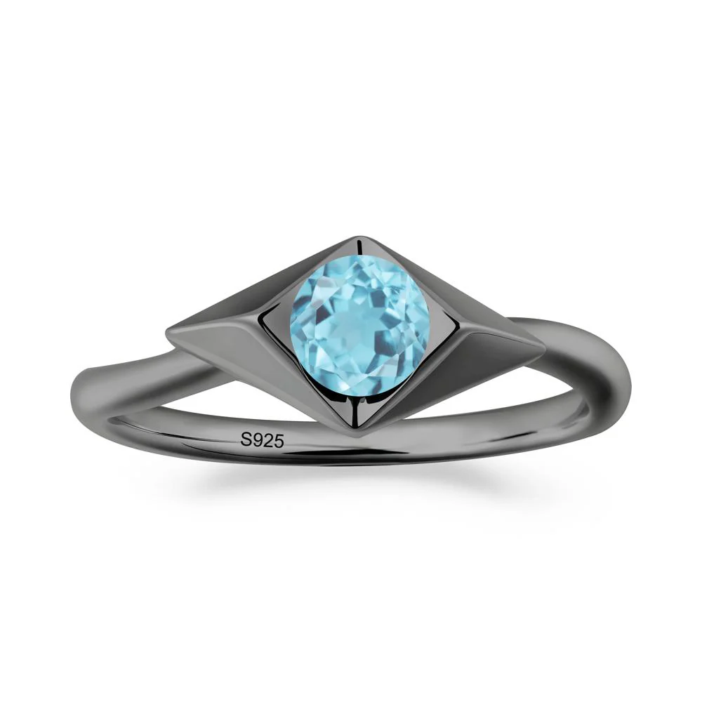 Geometric Round Swiss Blue Topaz Solitaire Ring