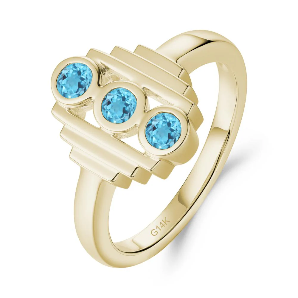Geometric Round Swiss Blue Topaz Three Stone Ring