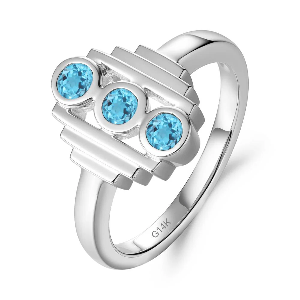 Geometric Round Swiss Blue Topaz Three Stone Ring - Image 4