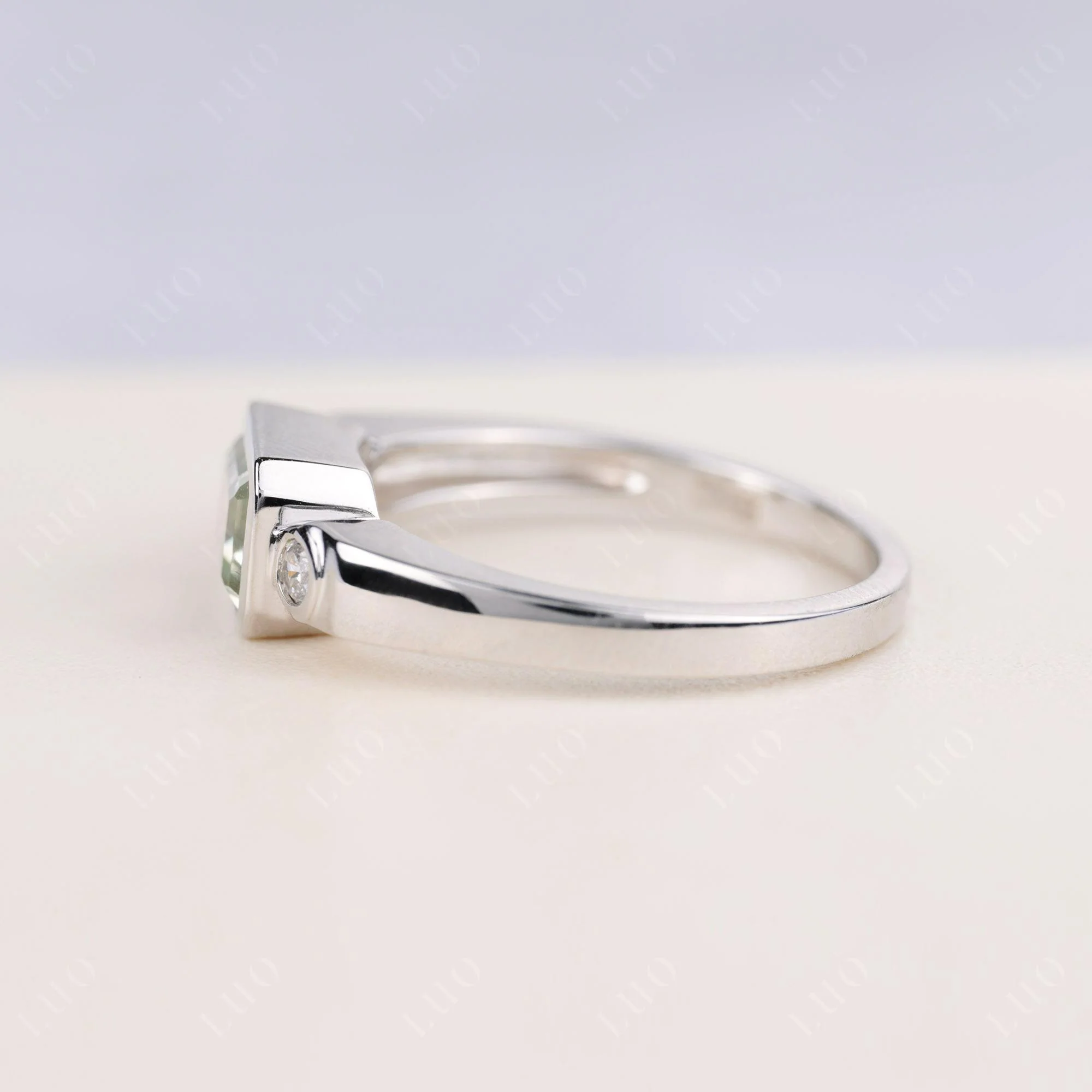 Green Amethyst Bezel Emerald Cut Ring - Image 4