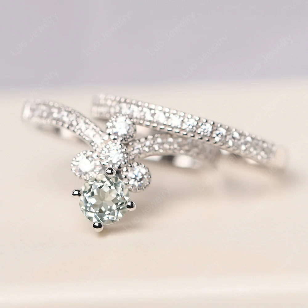 Green Amethyst Milgrain Bridal Ring Set