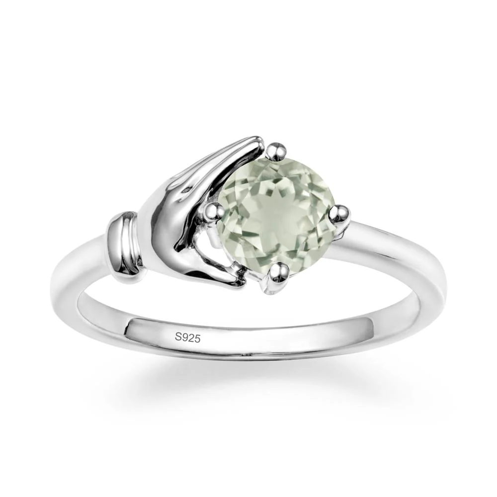 Green Amethyst Cupping Hand Ring In 14K Gold
