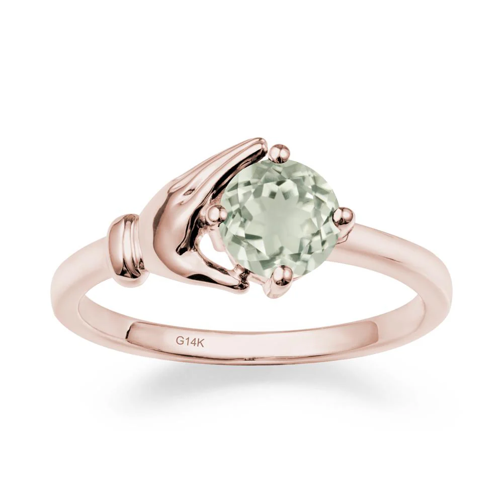 Green Amethyst Cupping Hand Ring In 14K Gold - Image 2