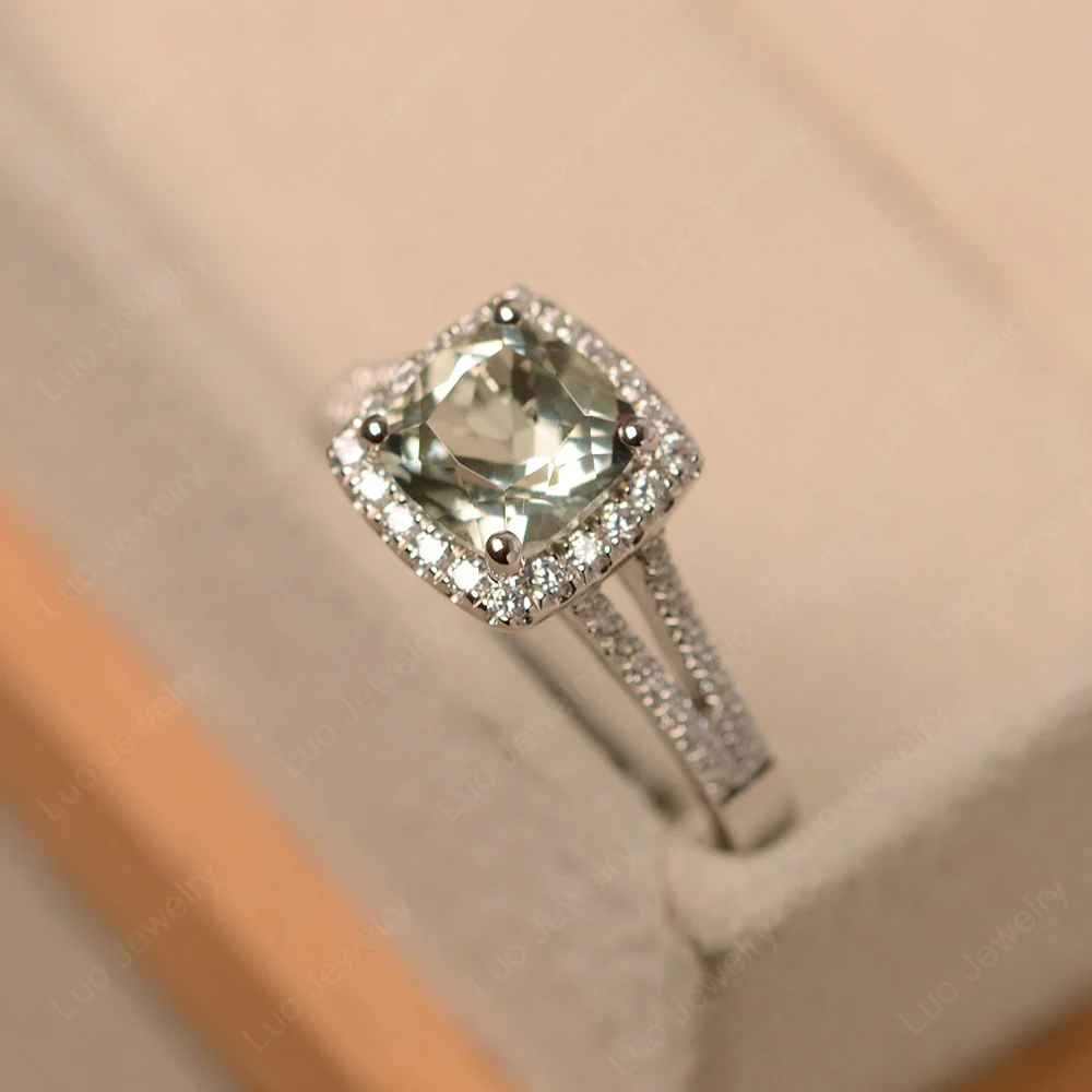 Green Amethyst Cathedral Cushion Cut Engagement Ring - Image 2