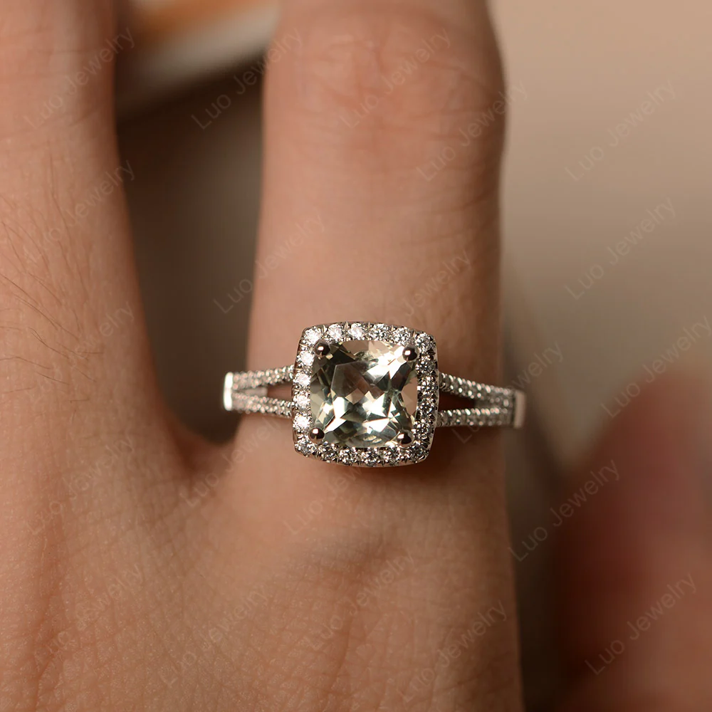 Green Amethyst Cathedral Cushion Cut Engagement Ring - Image 5