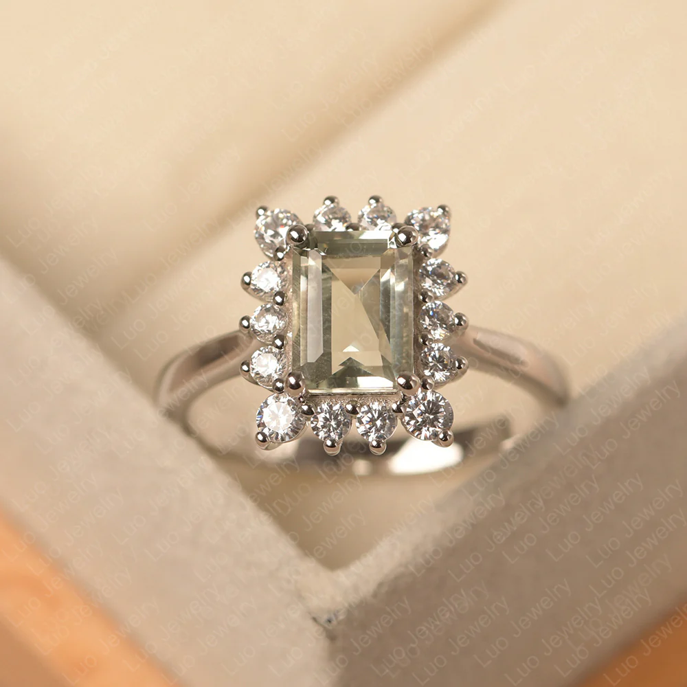 Green Amethyst Emerald Cut Halo Engagement Ring