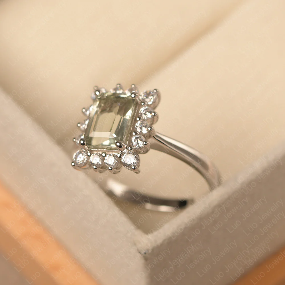 Green Amethyst Emerald Cut Halo Engagement Ring - Image 2