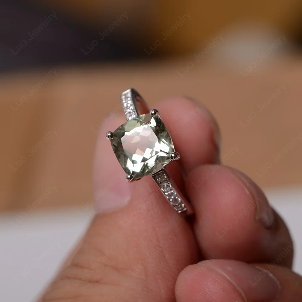 Simple Cushion Cut Green Amethyst Promise Ring