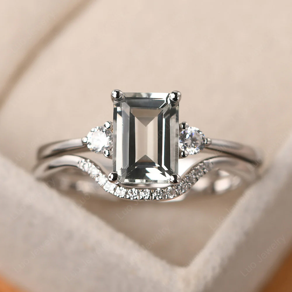 Green Amethyst Engagement Ring with Band