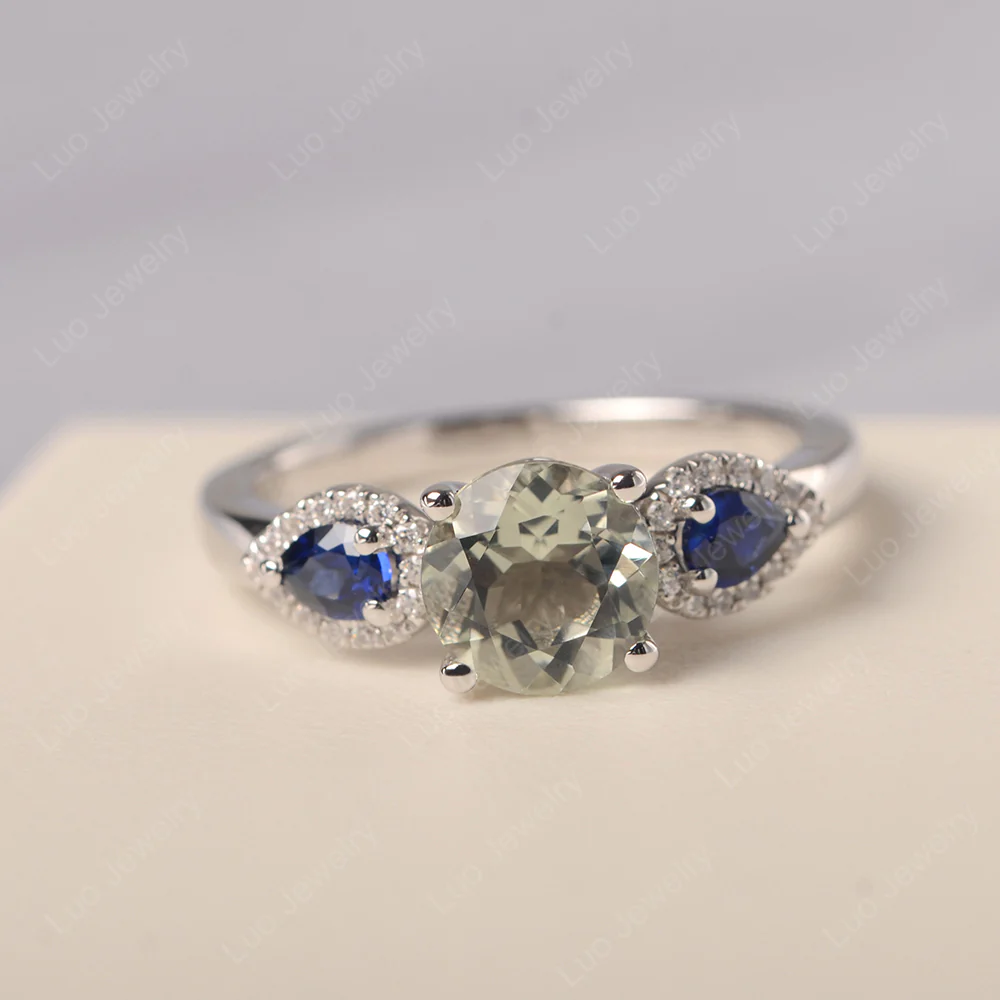 Euro Shank Green Amethyst and Sapphire Ring