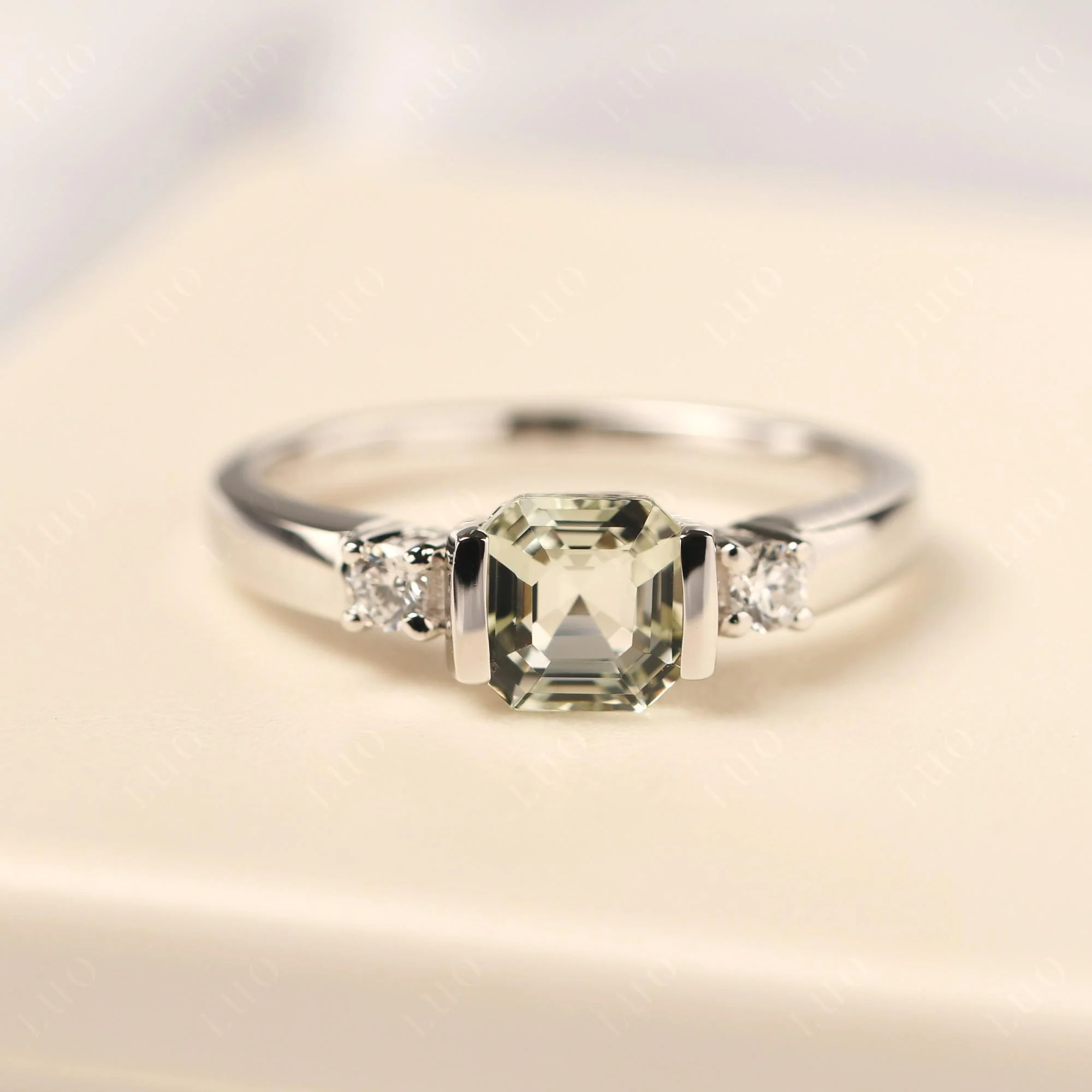 Green Amethyst Half Bezel Set Asscher Cut Ring - Image 10