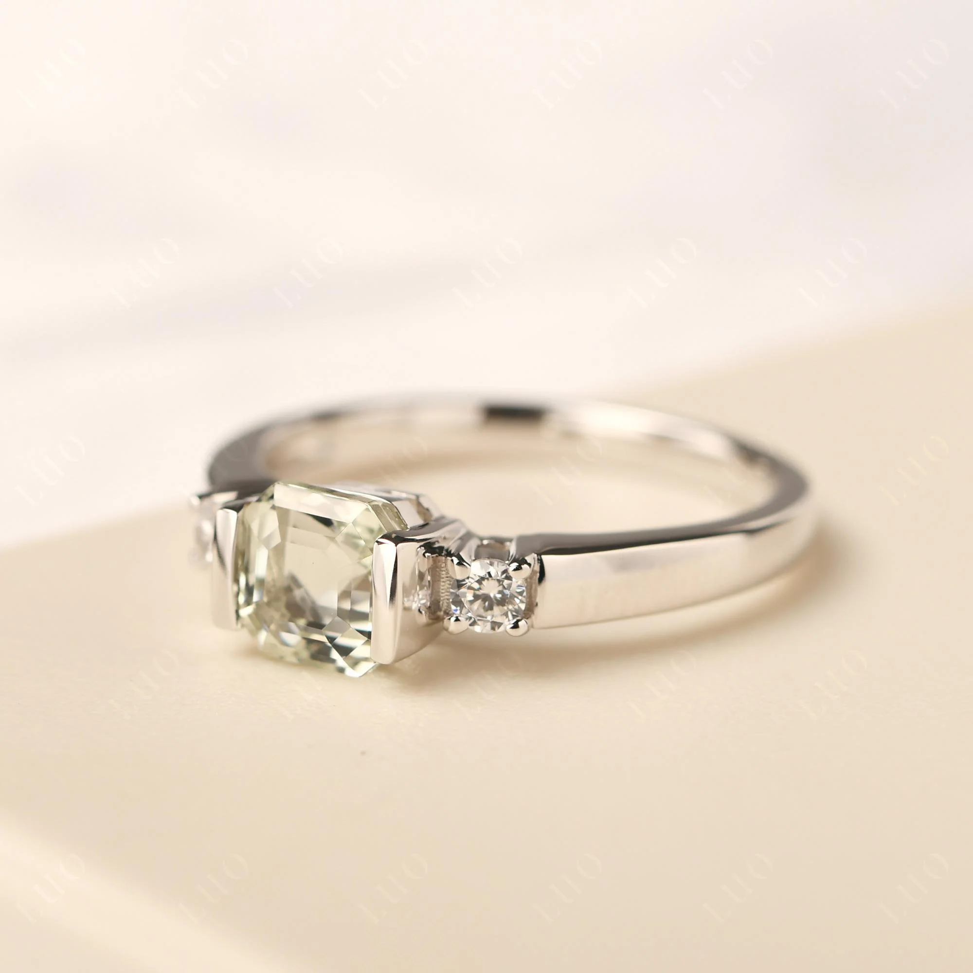Green Amethyst Half Bezel Set Asscher Cut Ring - Image 11