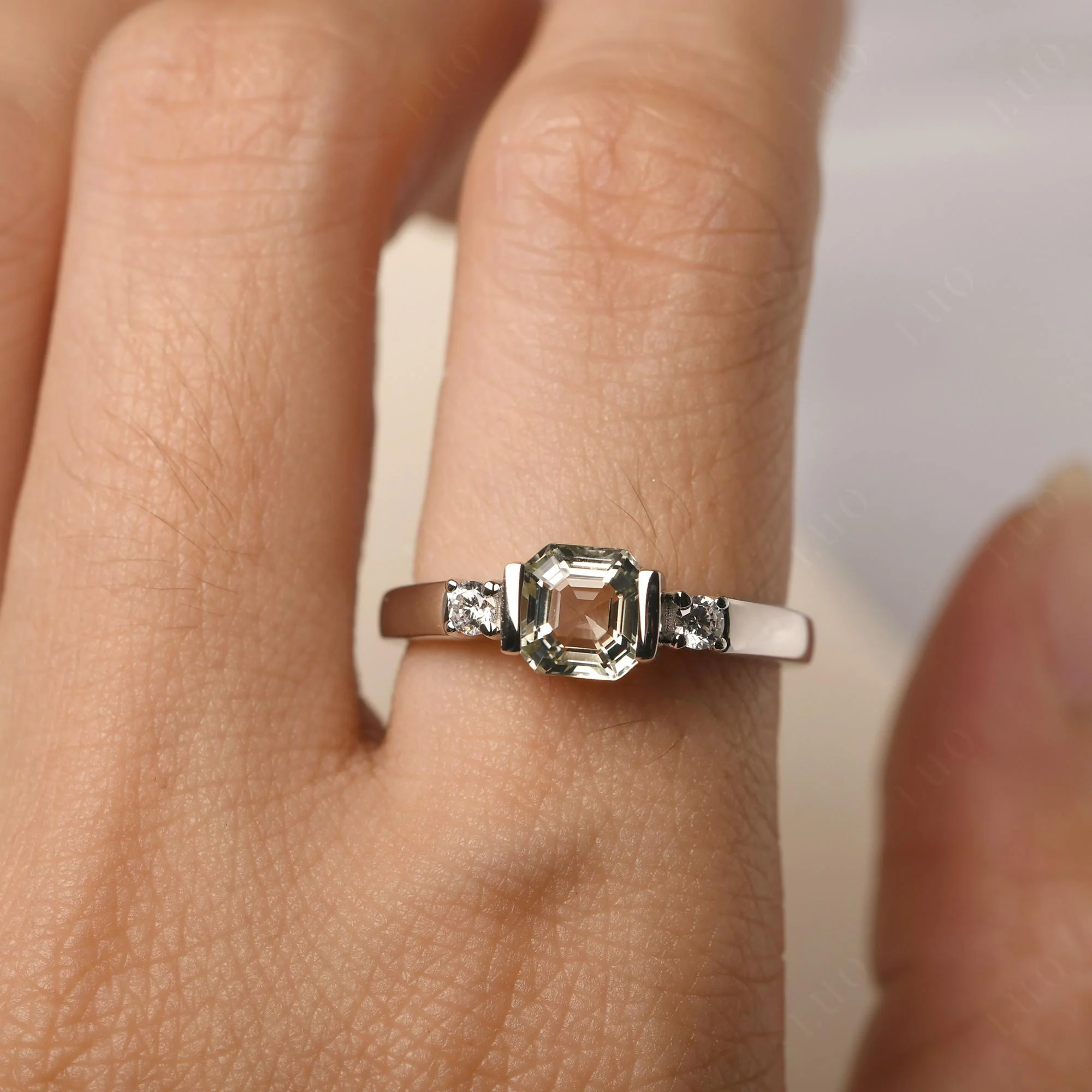 Green Amethyst Half Bezel Set Asscher Cut Ring - Image 14