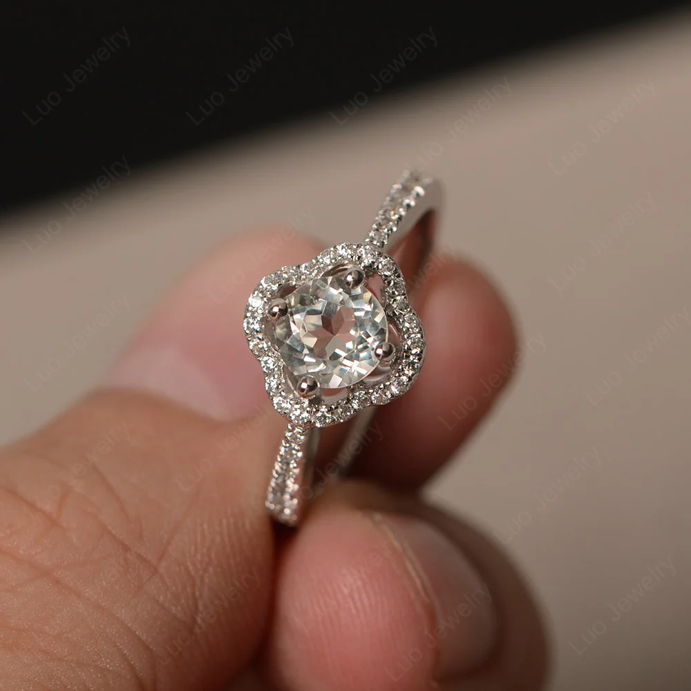 Green Amethyst Halo Flower Engagement Ring